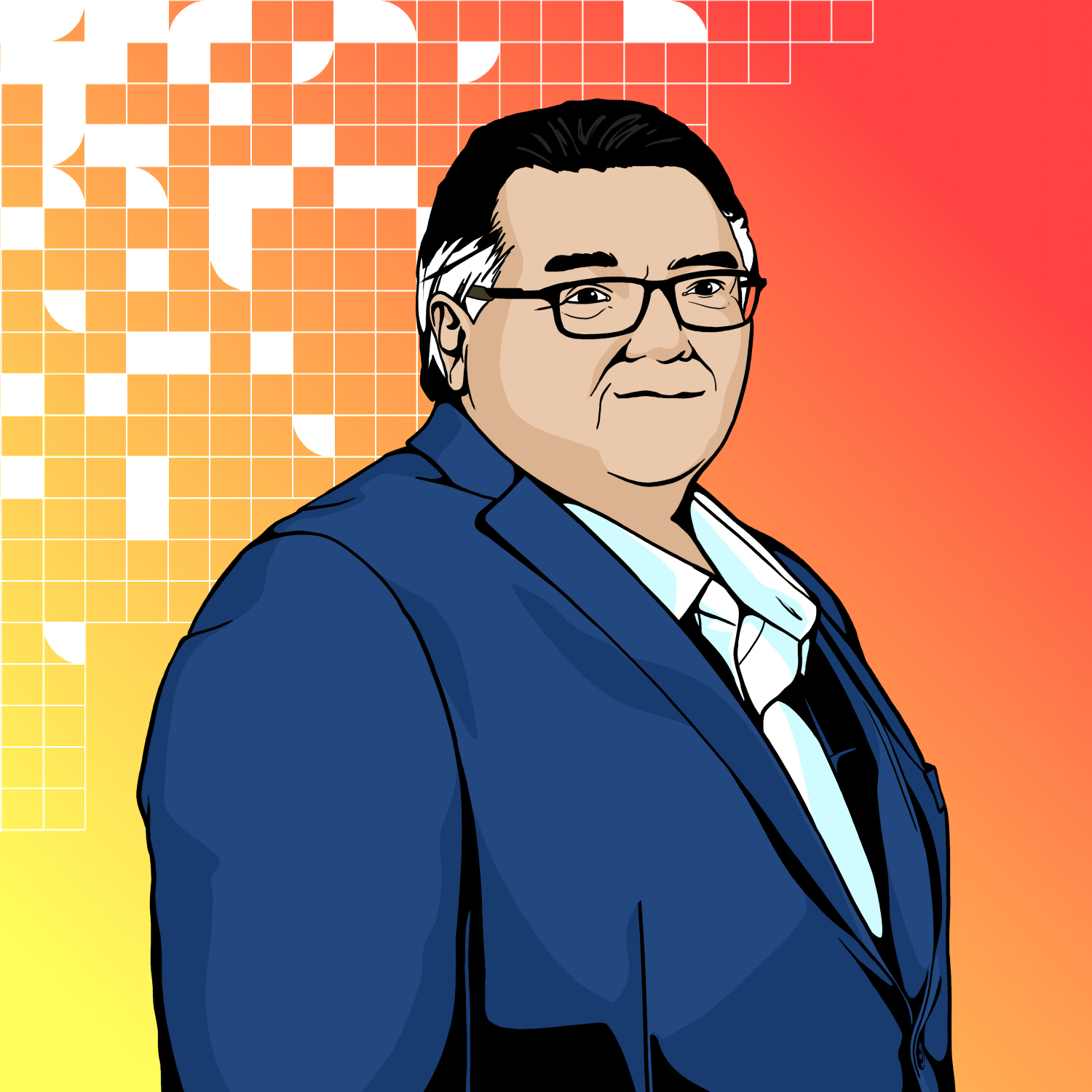 An illustration of Liithos VP of Creative, John Garvin, wearing a suit.